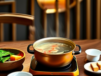 火候的艺术，火锅器具中汤的完美加注，器具中的汤完美加注，火候